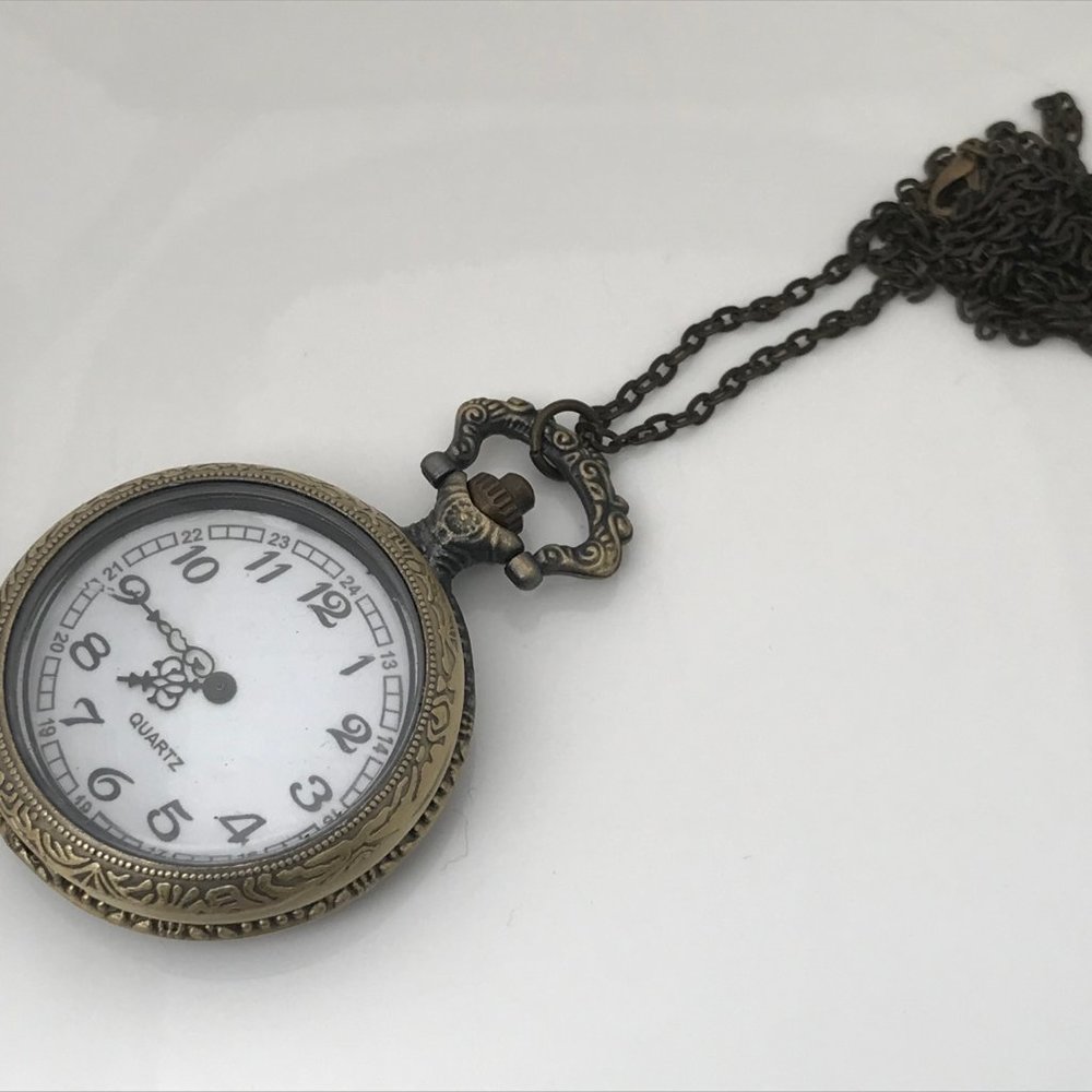 Pocket Watch Necklace Quartz Analog Brass Tone - Picture 2 of 12